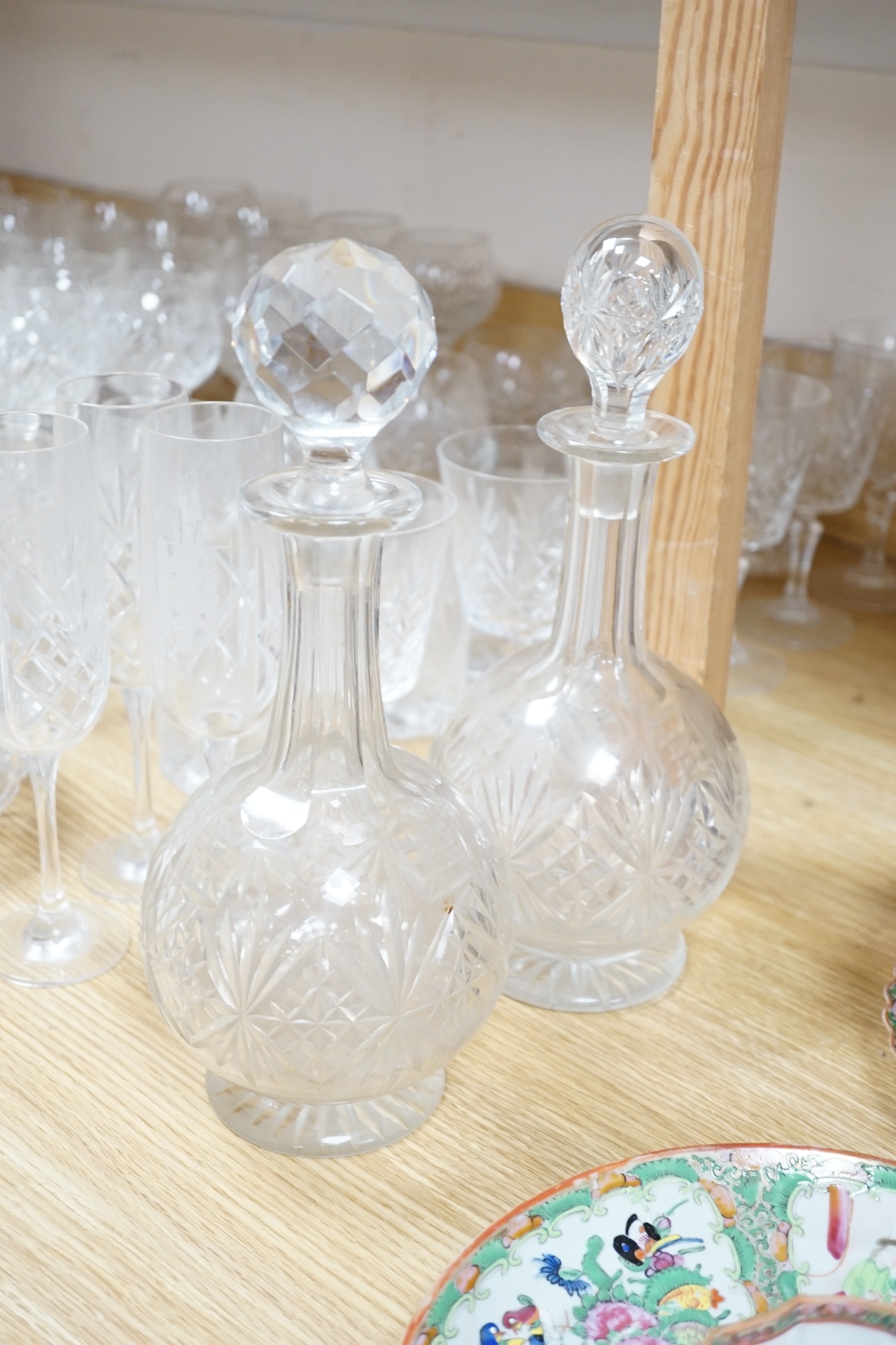 Various suites of star cut Thomas Webb drinking glasses, together with three decanters, pair of whisky tumblers and jug, five tumblers and three engraved Aston Villa champagne flutes, (approx. 89 items)